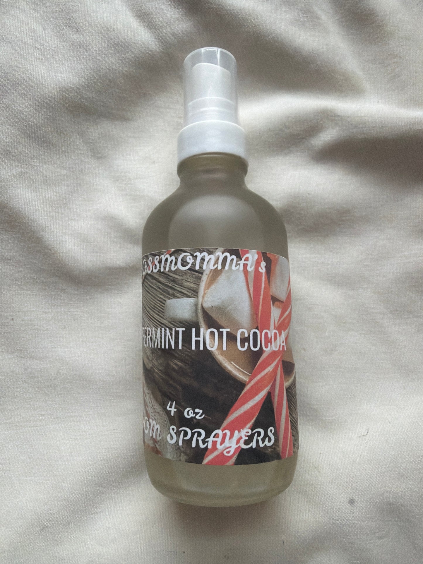 4oz frosted glass spray bottle in PEPPERMINT HOT COCOA room spray